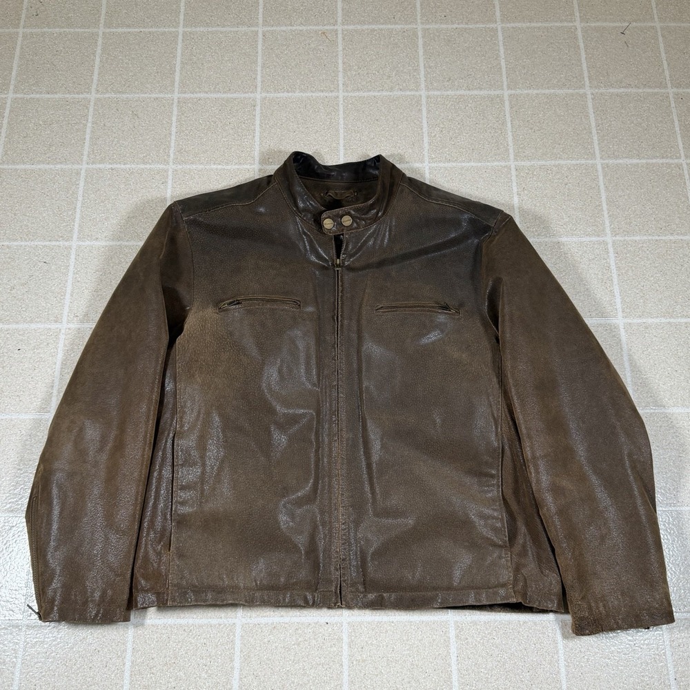 Wilsons Leather Distressed Brown Cafe Racer Moto Motorcycle Jacket Men's XXL 2XL
